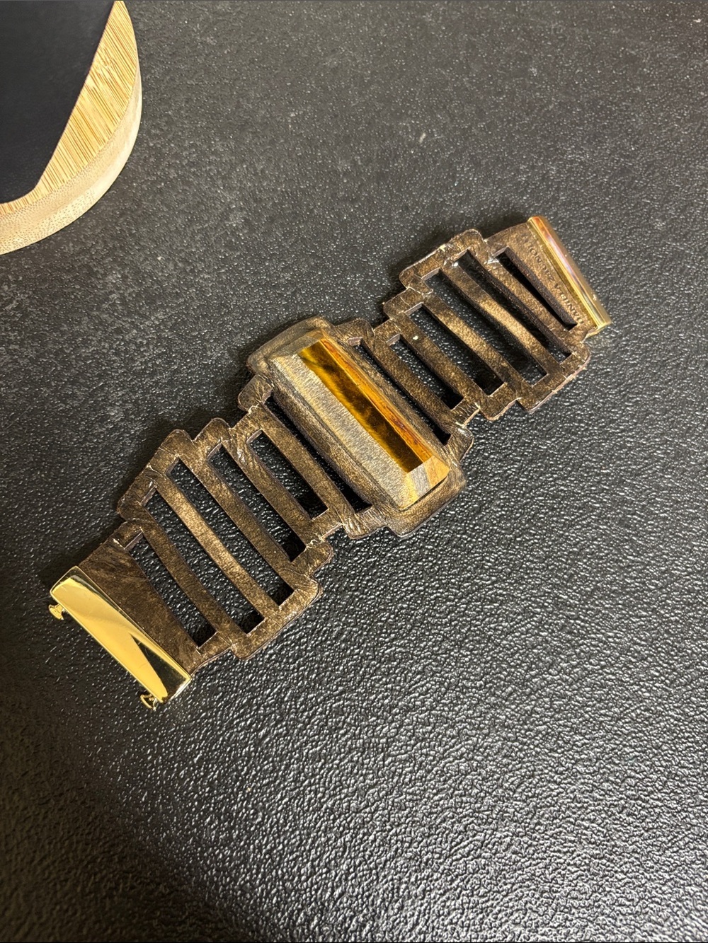 Daniela Zagnoli Leather Bold Gold-Tone Statement Bracelet Wood Center Geometric